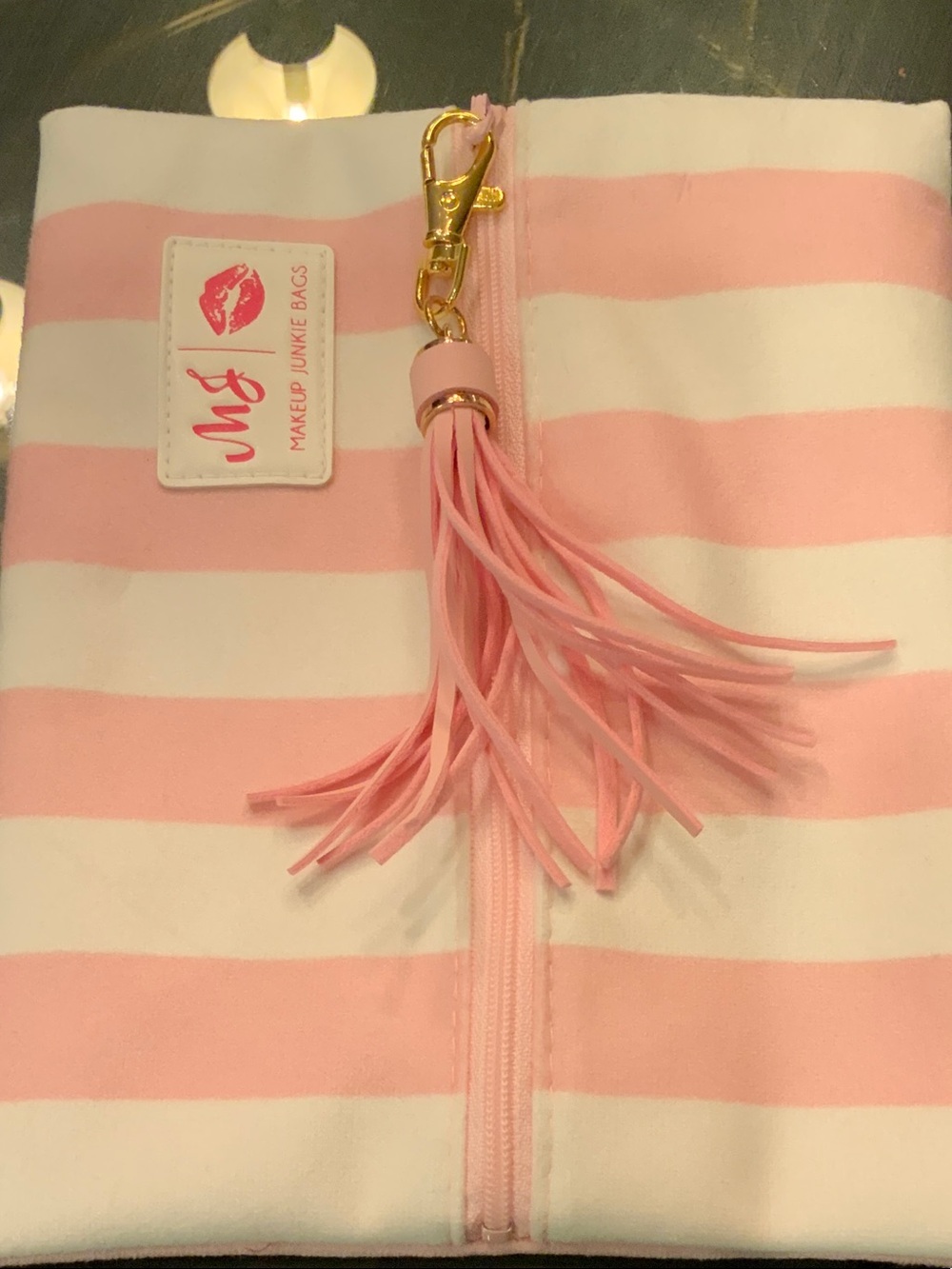 Makeup Junkie Bags Pink & White Striped Cosmetic Pouch